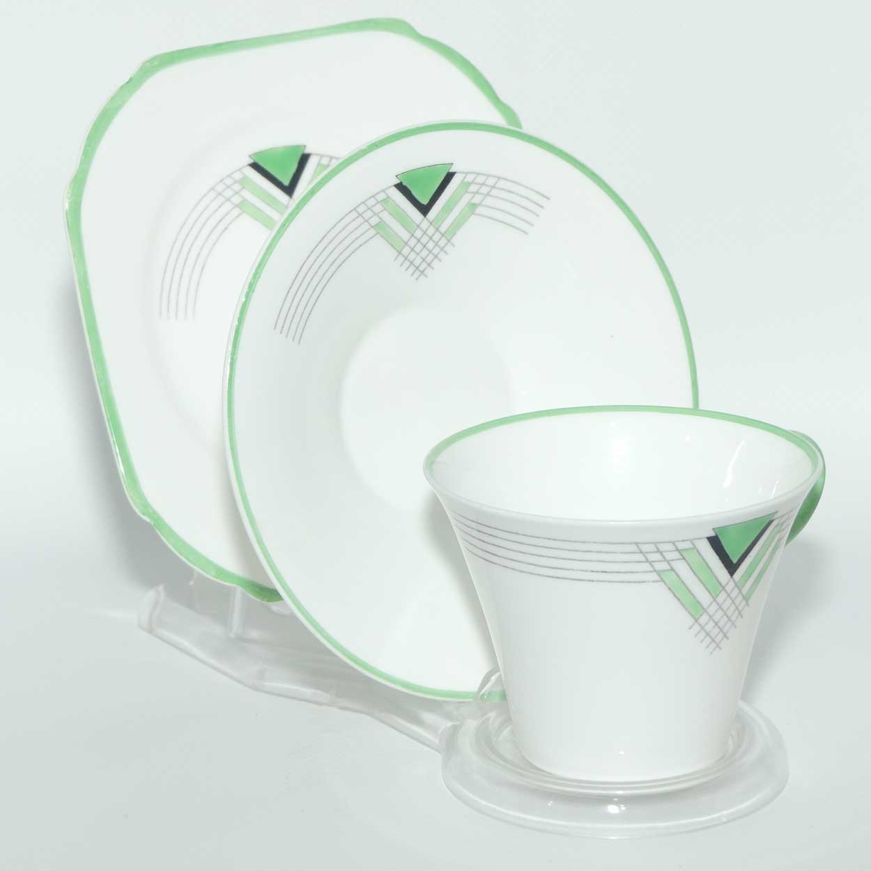 Shelley Regent shape Triangles and Lines pattern trio | Green trim | WS 0160/9 Ideal | Square plate