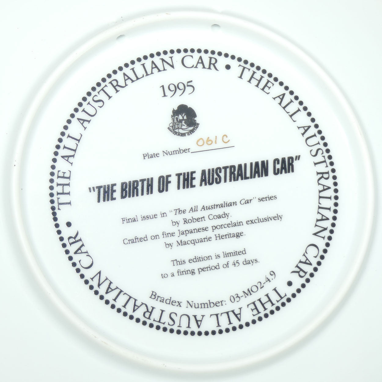 Bradex 03 M02 4.9 plate | The All Australian Car Series | The Birth of the Australian Car | Plate Number 061-C