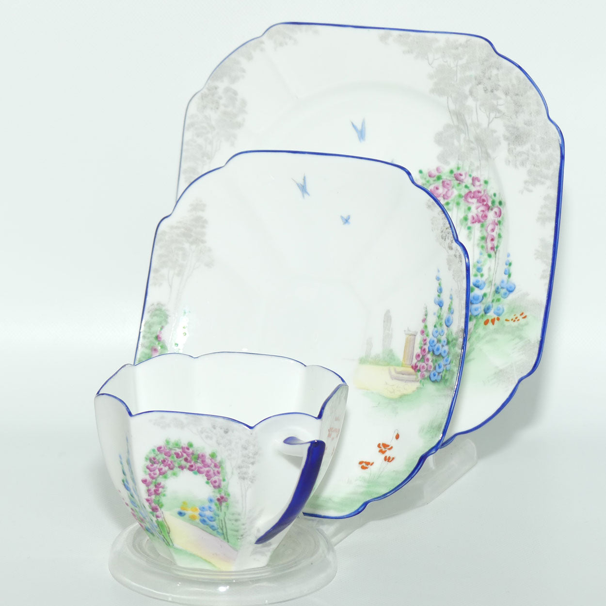 Shelley Queen Anne shape trio | Archway of Roses | Blue Trim | 11606