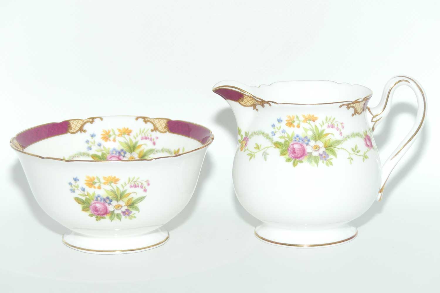 Shelley Gainsborough shape Dubarry pattern milk and sugar | 13395 | Rich Crimson with Gilt Trim