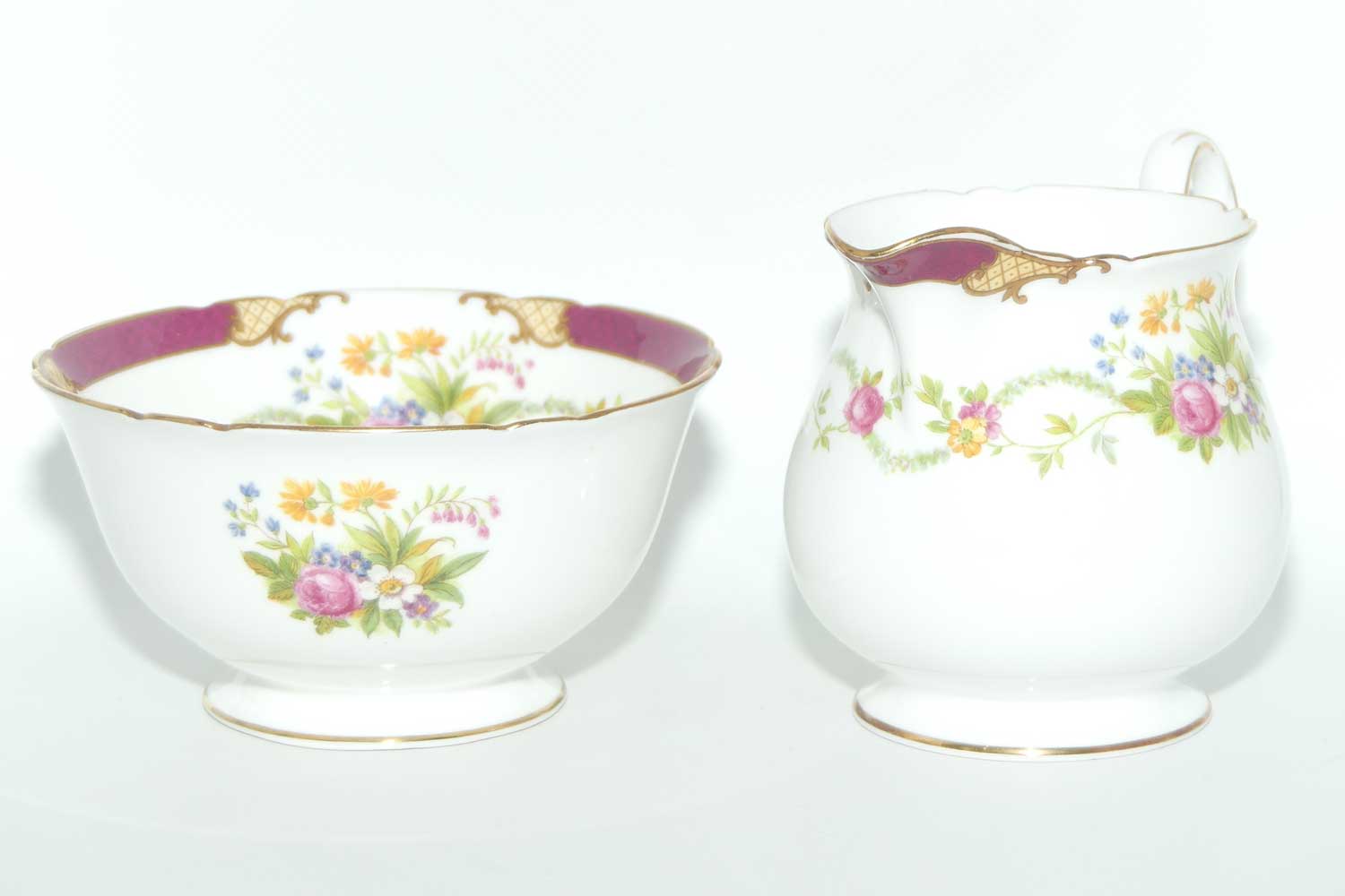 Shelley Gainsborough shape Dubarry pattern milk and sugar | 13395 | Rich Crimson with Gilt Trim