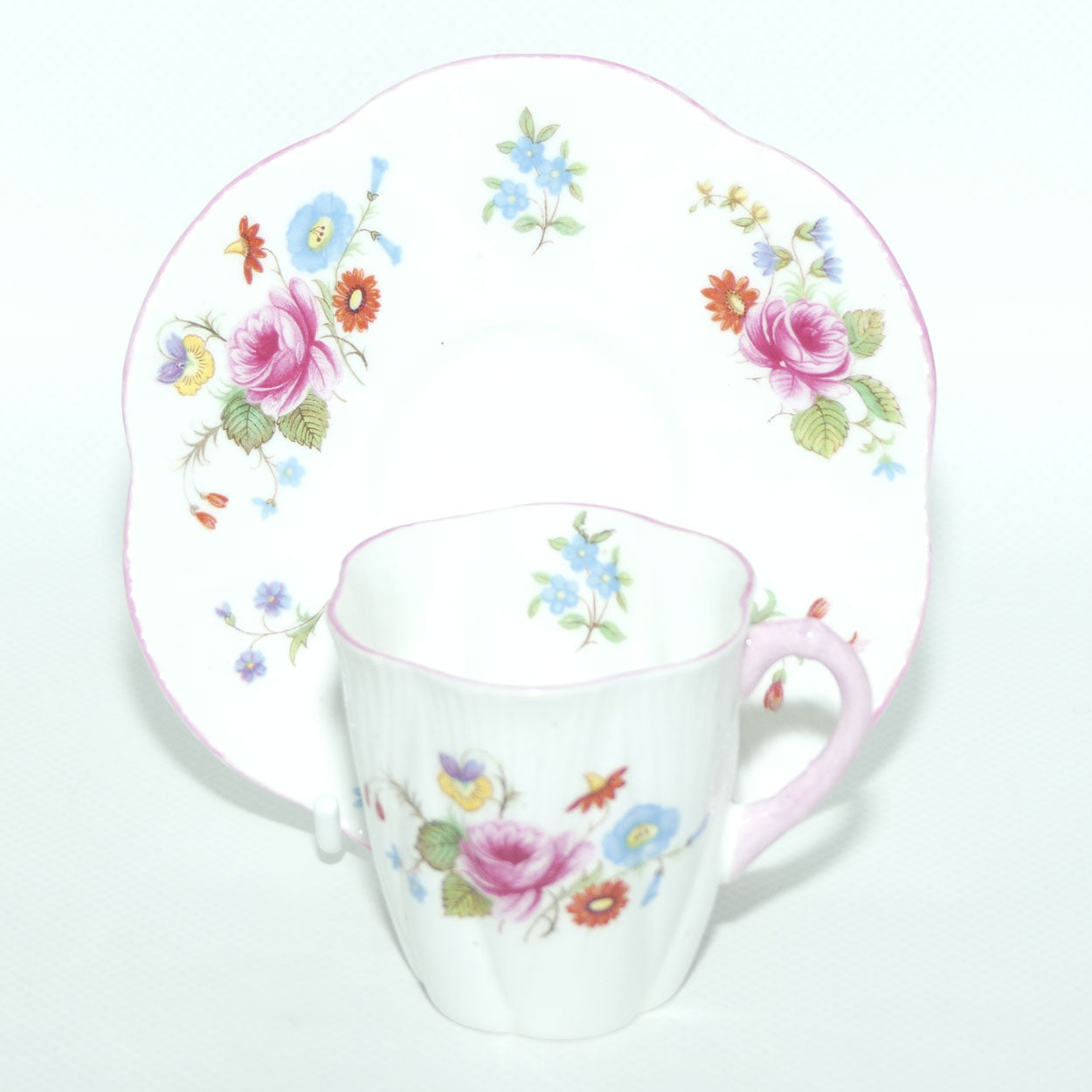 Shelley Dainty shape Rose and Red Daisy coffee duo | Pink trim | 13425