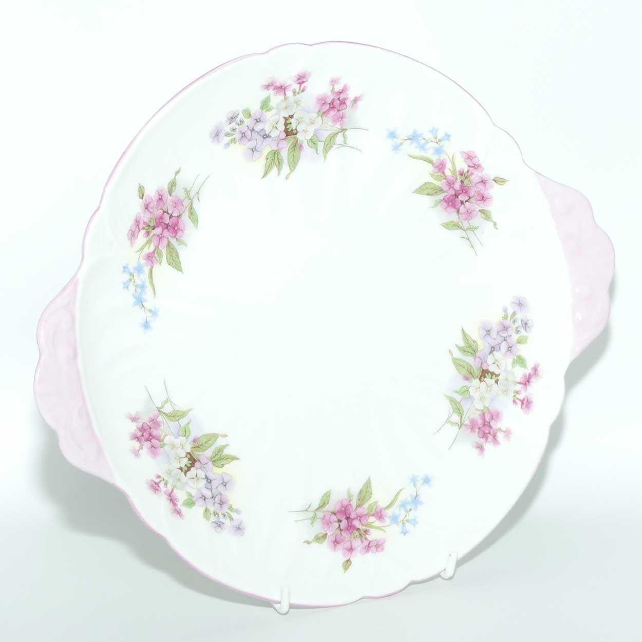 Shelley Oleander shape Stocks tab handle cake plate | 13428 | Pink trim