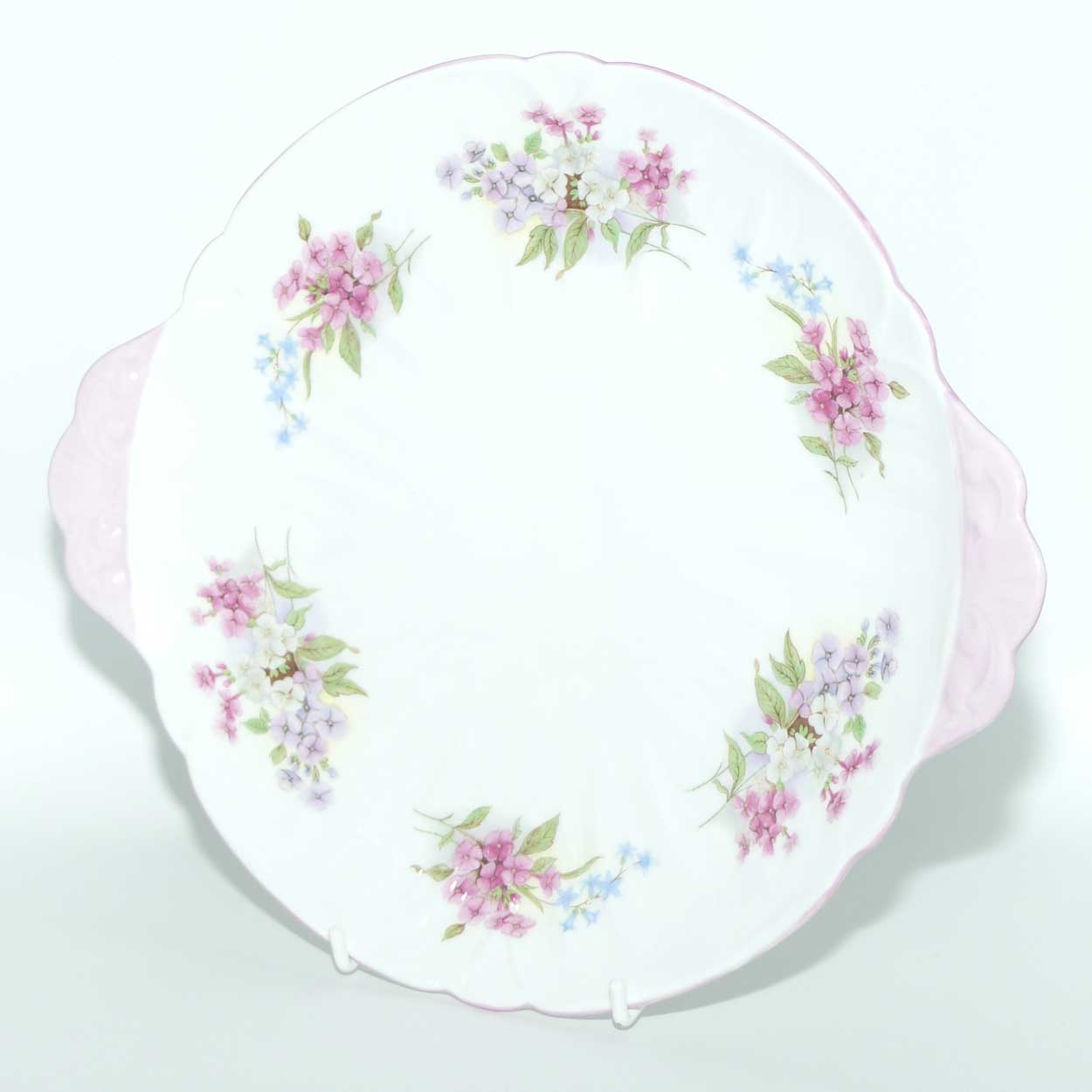 Shelley Oleander shape Stocks tab handle cake plate | 13428 | Pink trim
