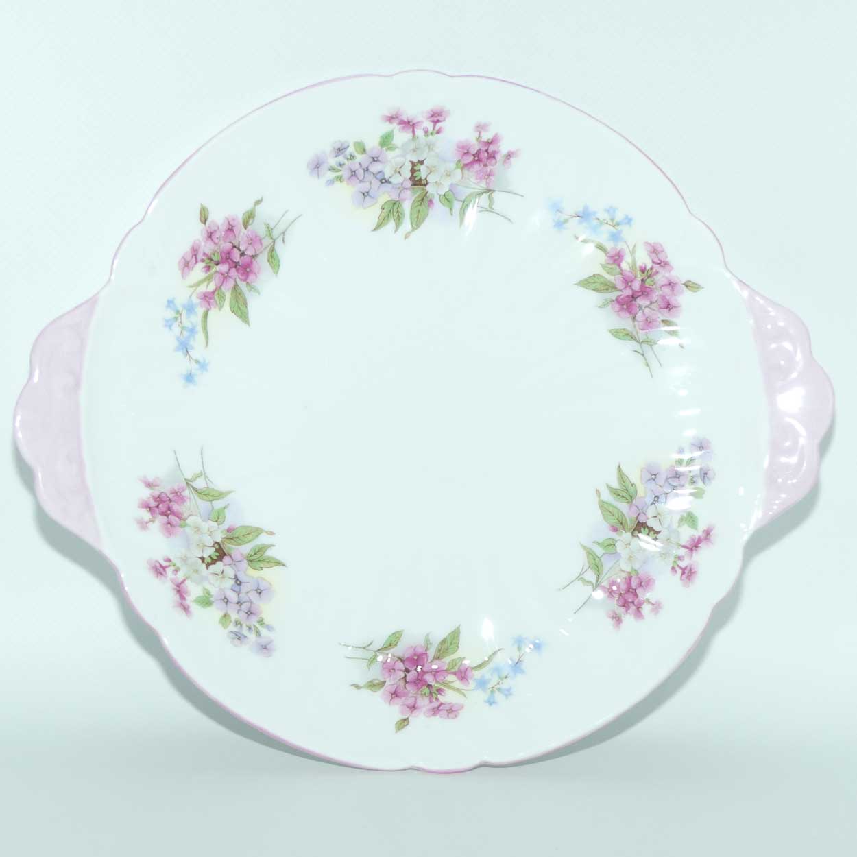Shelley Oleander shape Stocks tab handle cake plate | 13428 | Pink trim