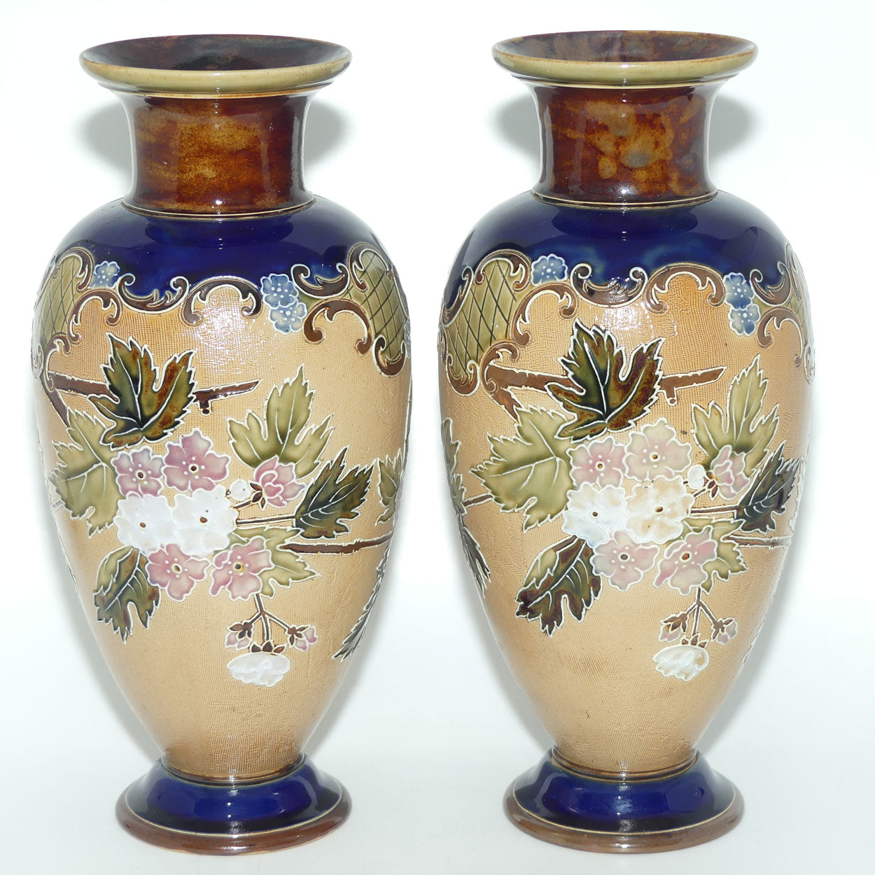 Doulton Slaters pair of stoneware foliage and flowers vases | stamped 1411