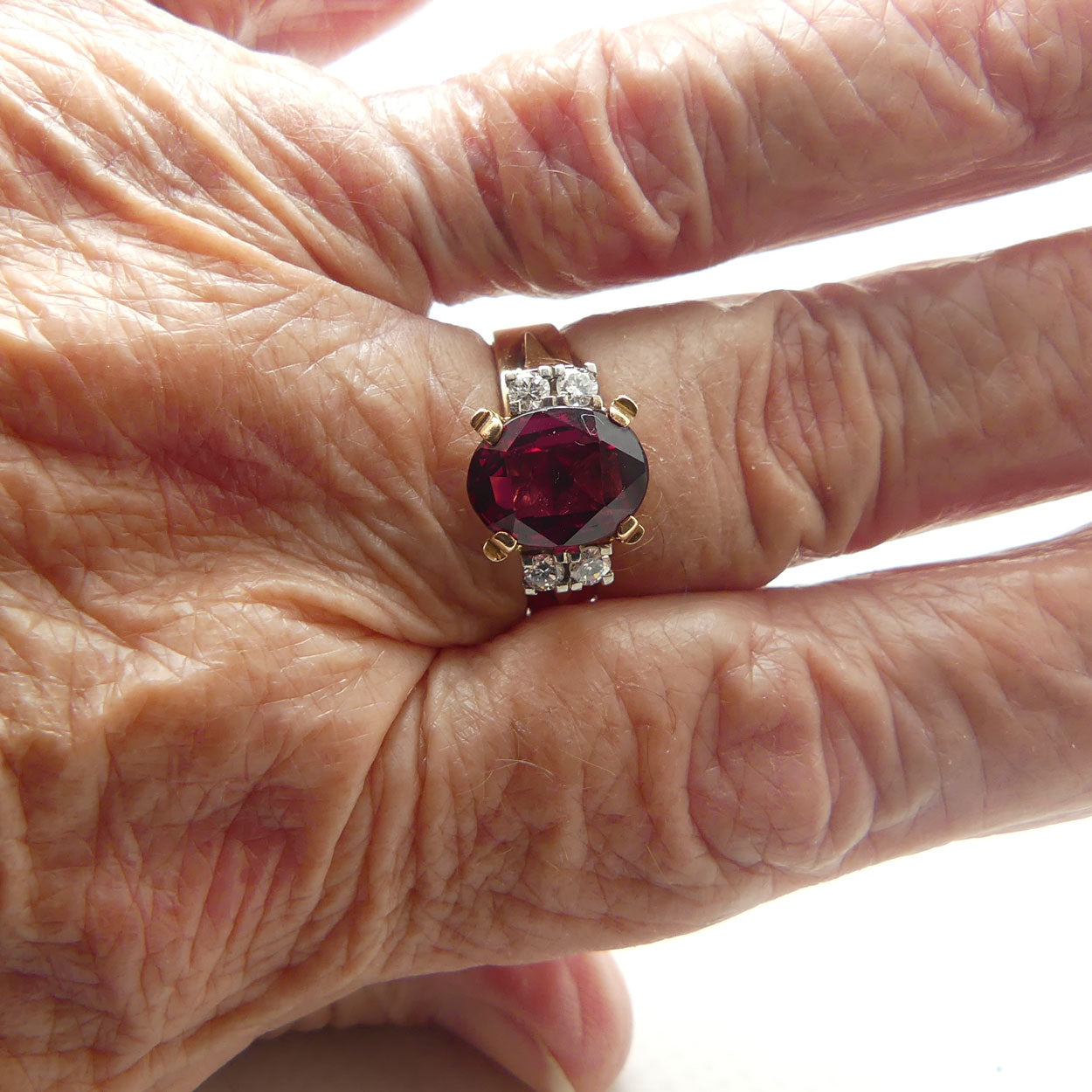 14ct Yellow and White Gold Almandine Garnet and 4 Diamond Dress Ring | Valued $7000