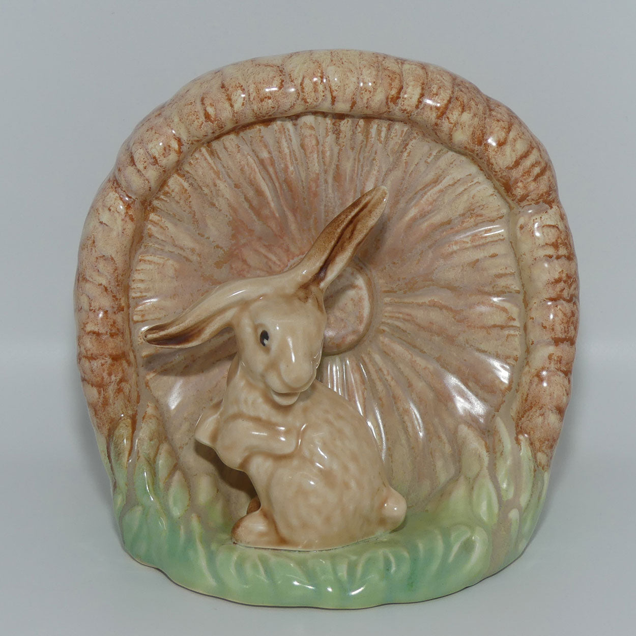 SylvaC #1510 | Lop Ear Rabbit and Mushroom vase | Brown and Green