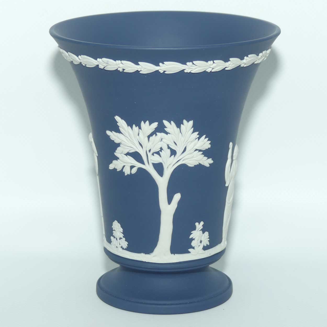 Wedgwood Jasper | White on Dark Blue Trumpet vase on footed base | 15cm tall