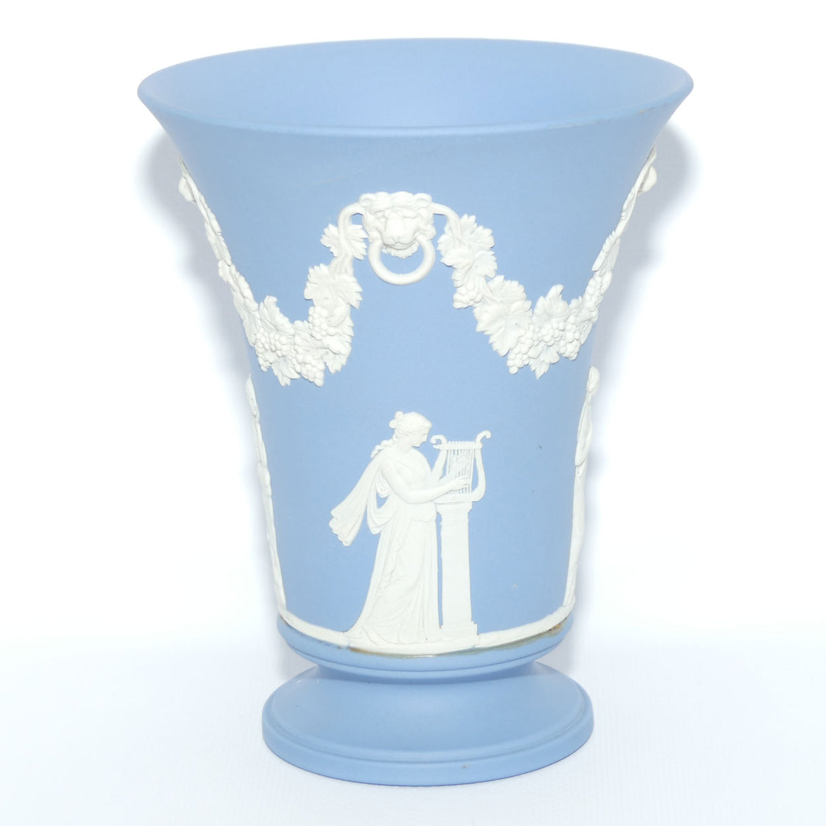 Wedgwood Jasper | White on Pale Blue trumpet shape vase with footed base | Grecian Maidens | 15cm tall