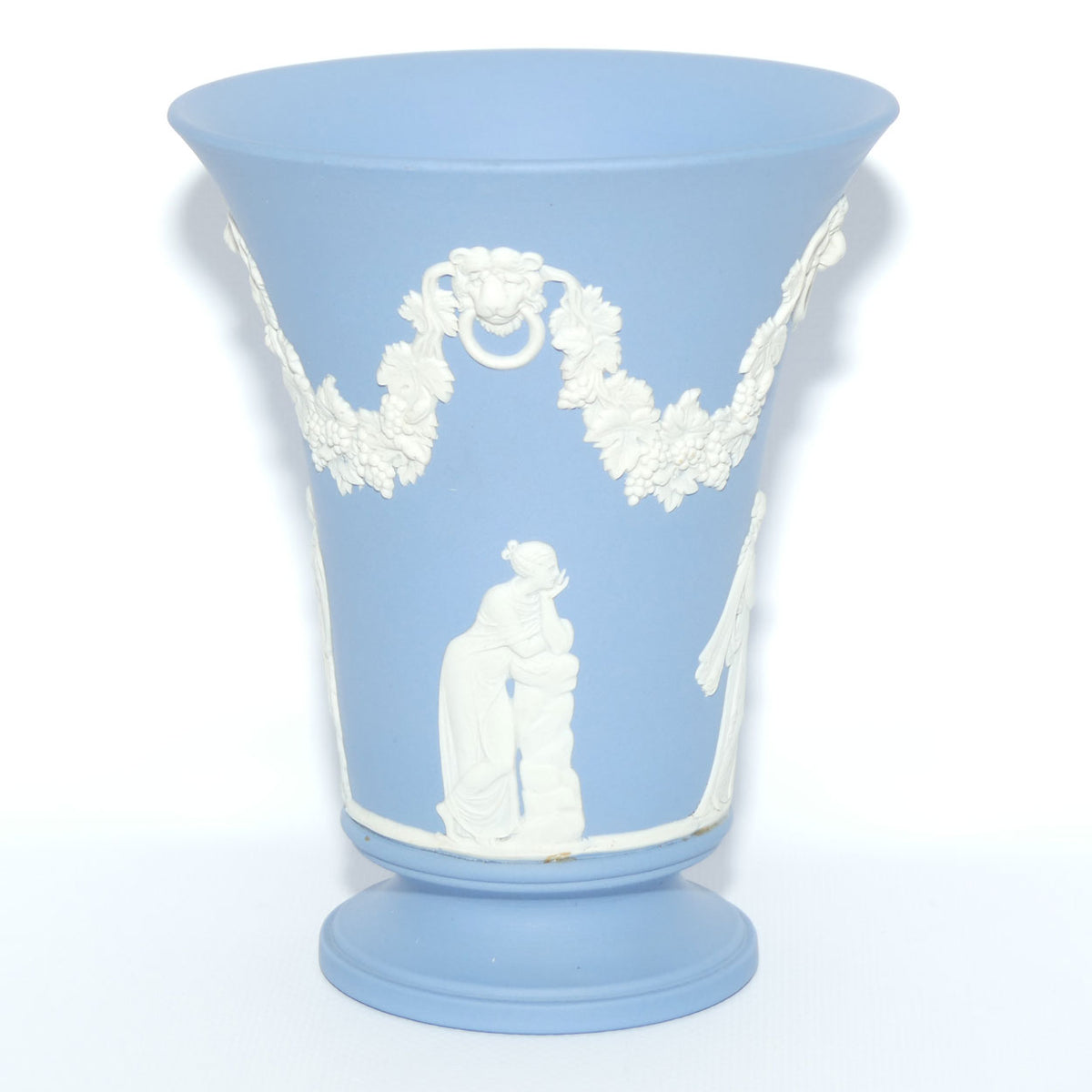 Wedgwood Jasper | White on Pale Blue trumpet shape vase with footed base | Grecian Maidens | 15cm tall