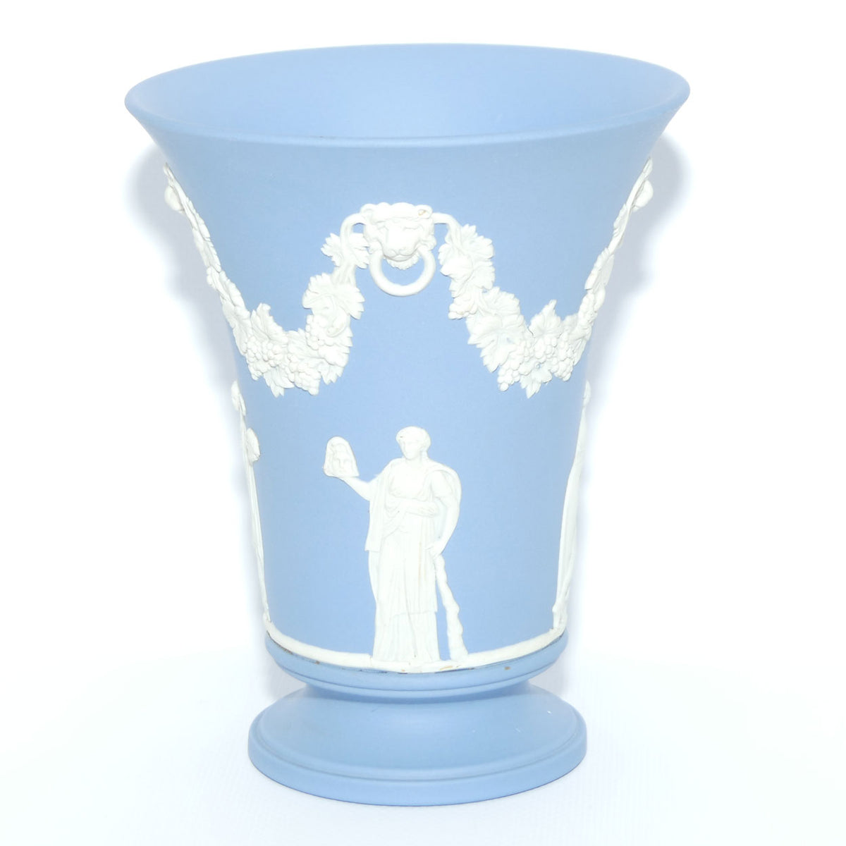 Wedgwood Jasper | White on Pale Blue trumpet shape vase with footed base | Grecian Maidens | 15cm tall