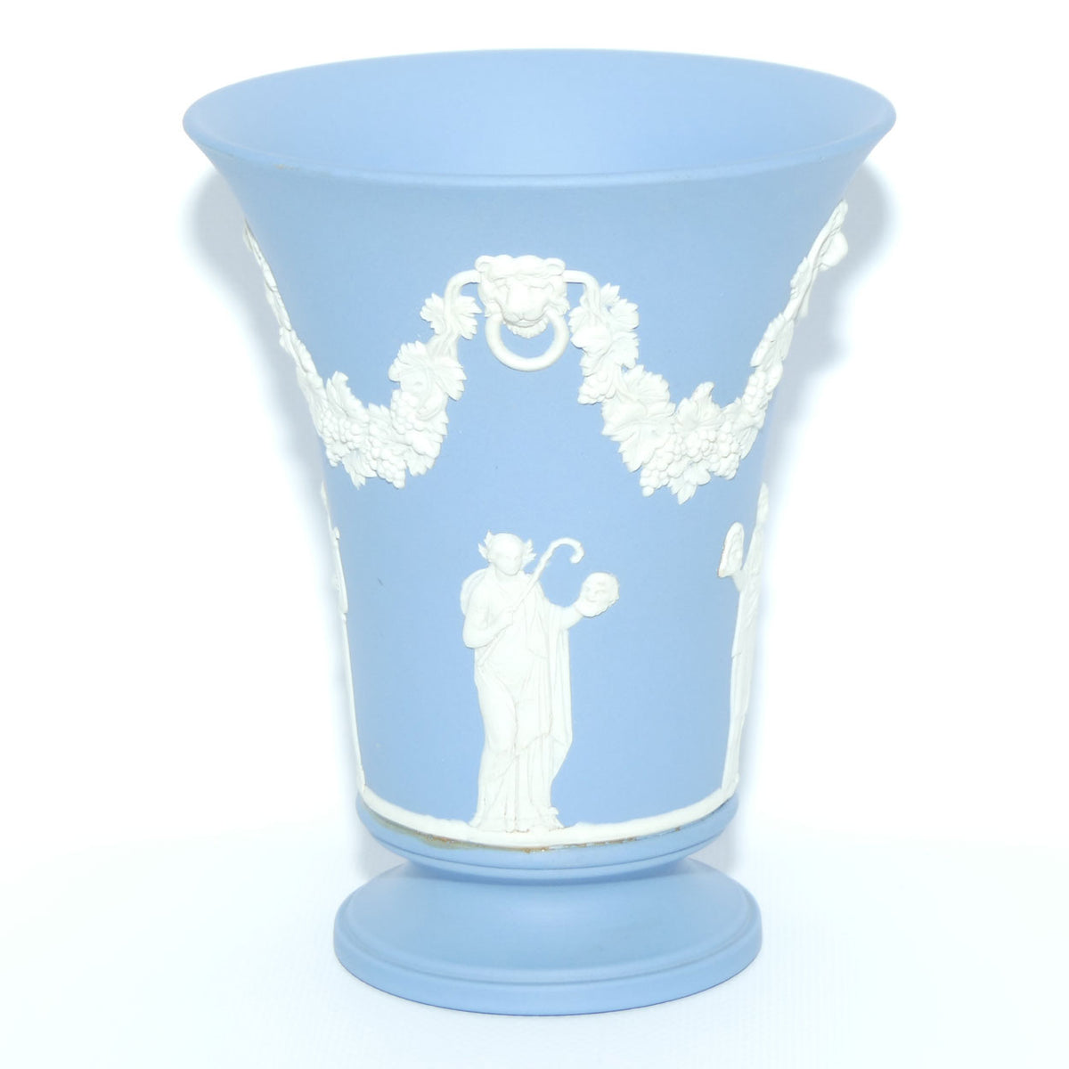 Wedgwood Jasper | White on Pale Blue trumpet shape vase with footed base | Grecian Maidens | 15cm tall