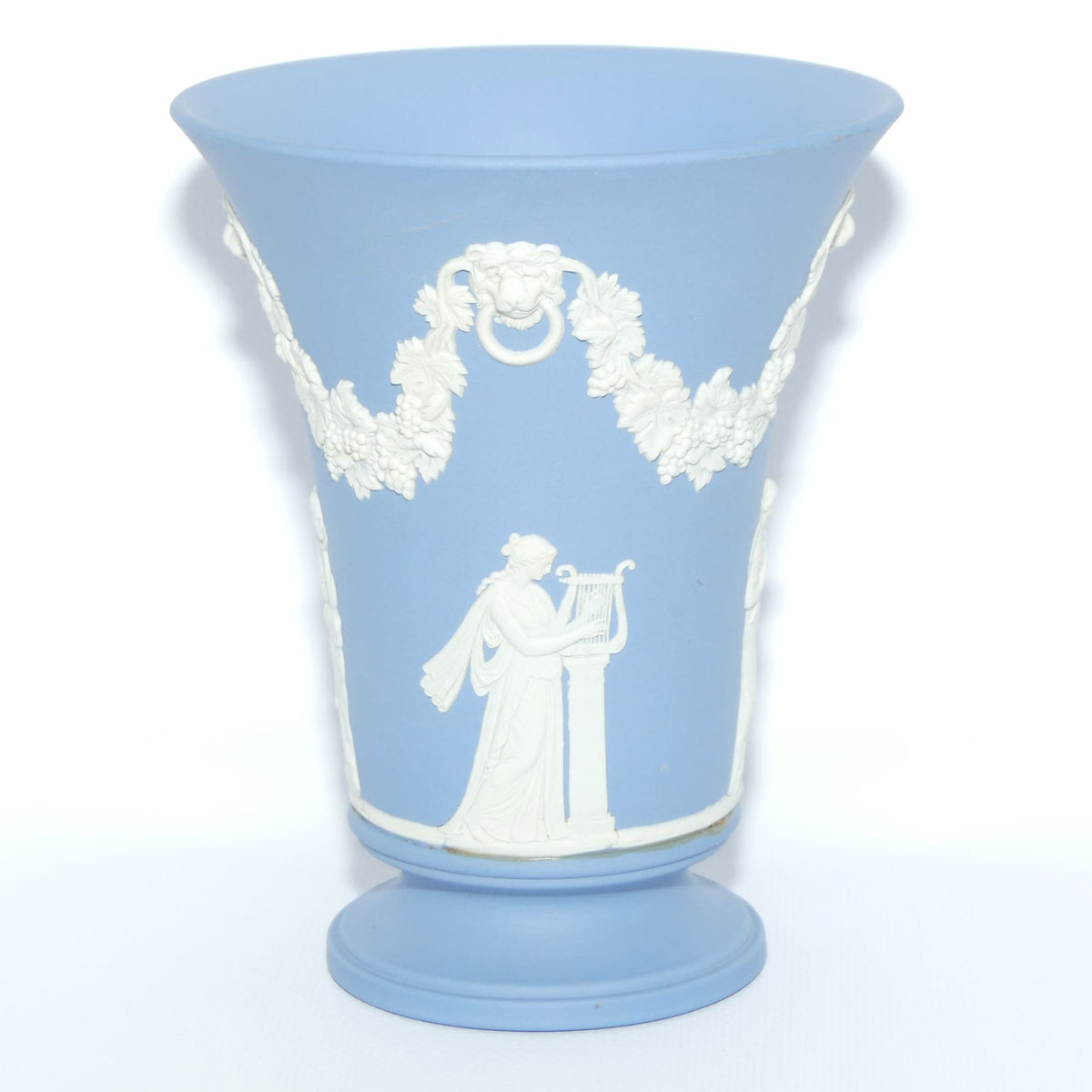 Wedgwood Jasper | White on Pale Blue trumpet shape vase with footed base | Grecian Maidens | 15cm tall