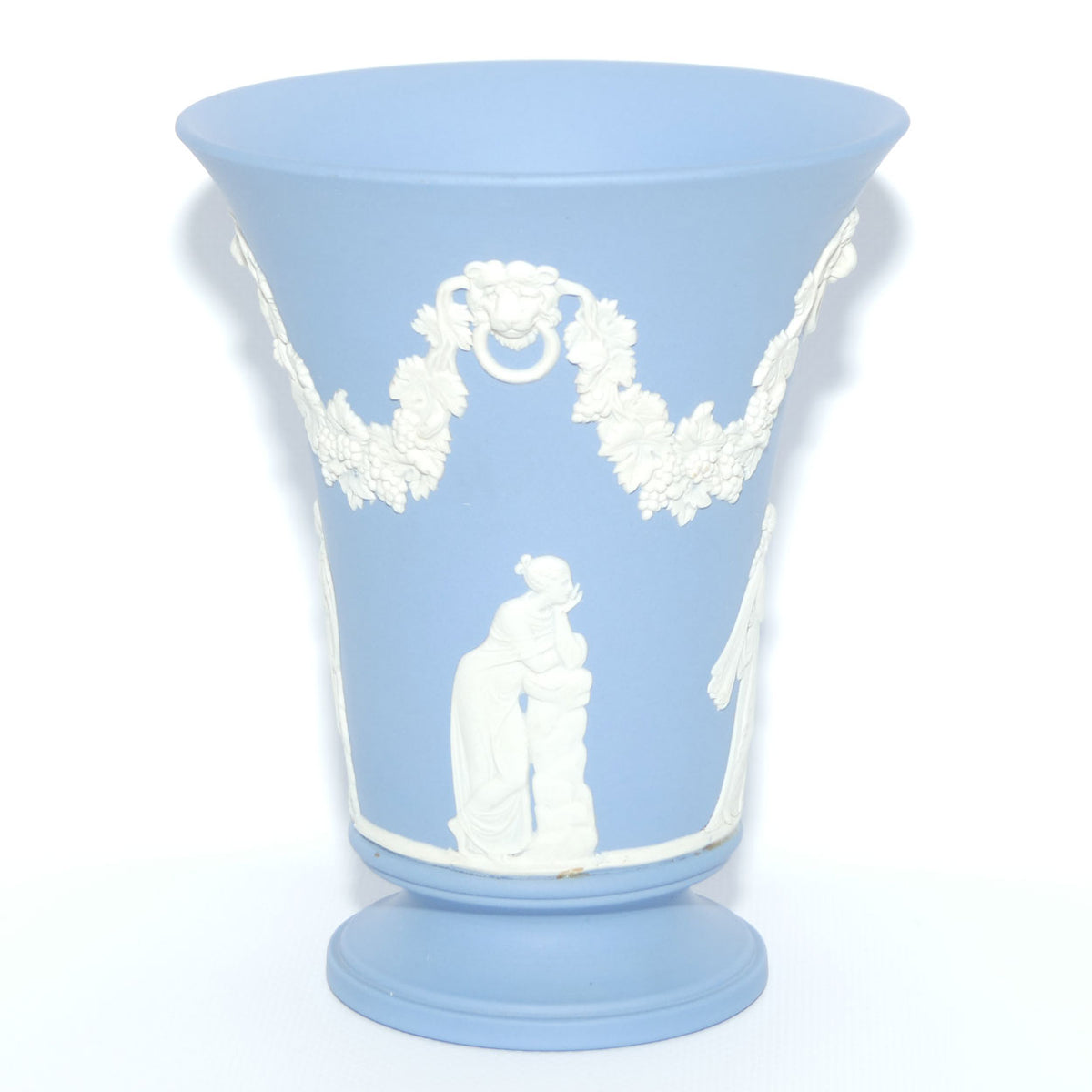 Wedgwood Jasper | White on Pale Blue trumpet shape vase with footed base | Grecian Maidens | 15cm tall
