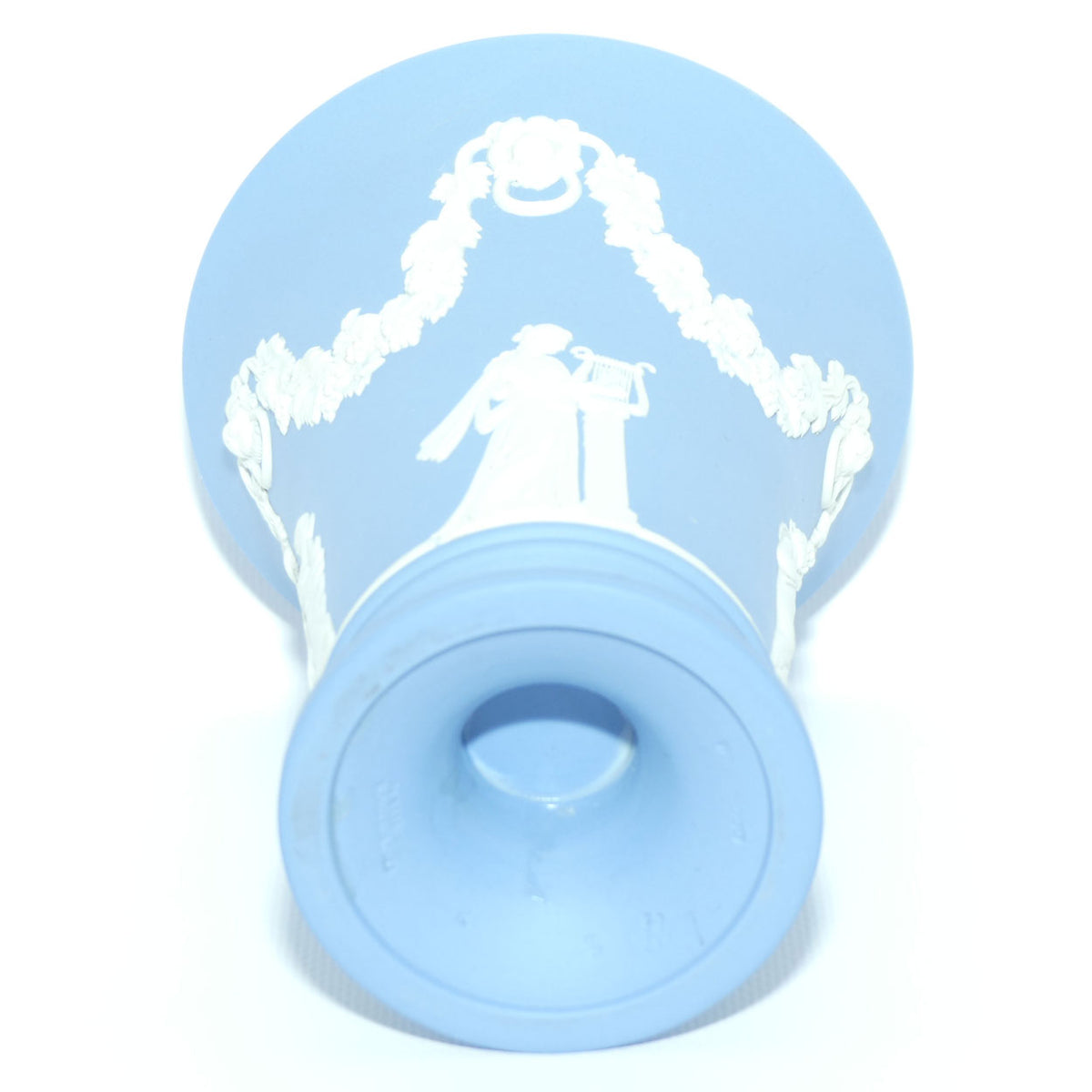Wedgwood Jasper | White on Pale Blue trumpet shape vase with footed base | Grecian Maidens | 15cm tall