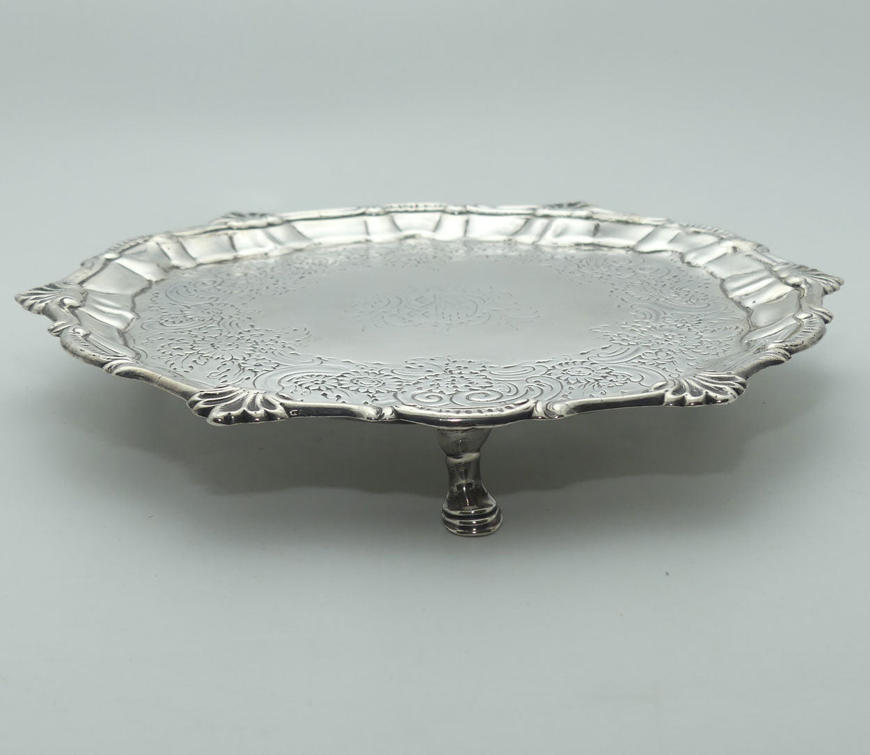 Georgian | Geo III | Sterling Silver shell and scroll waiter with original scratch weight | London 1768 | Ebenezer Coker