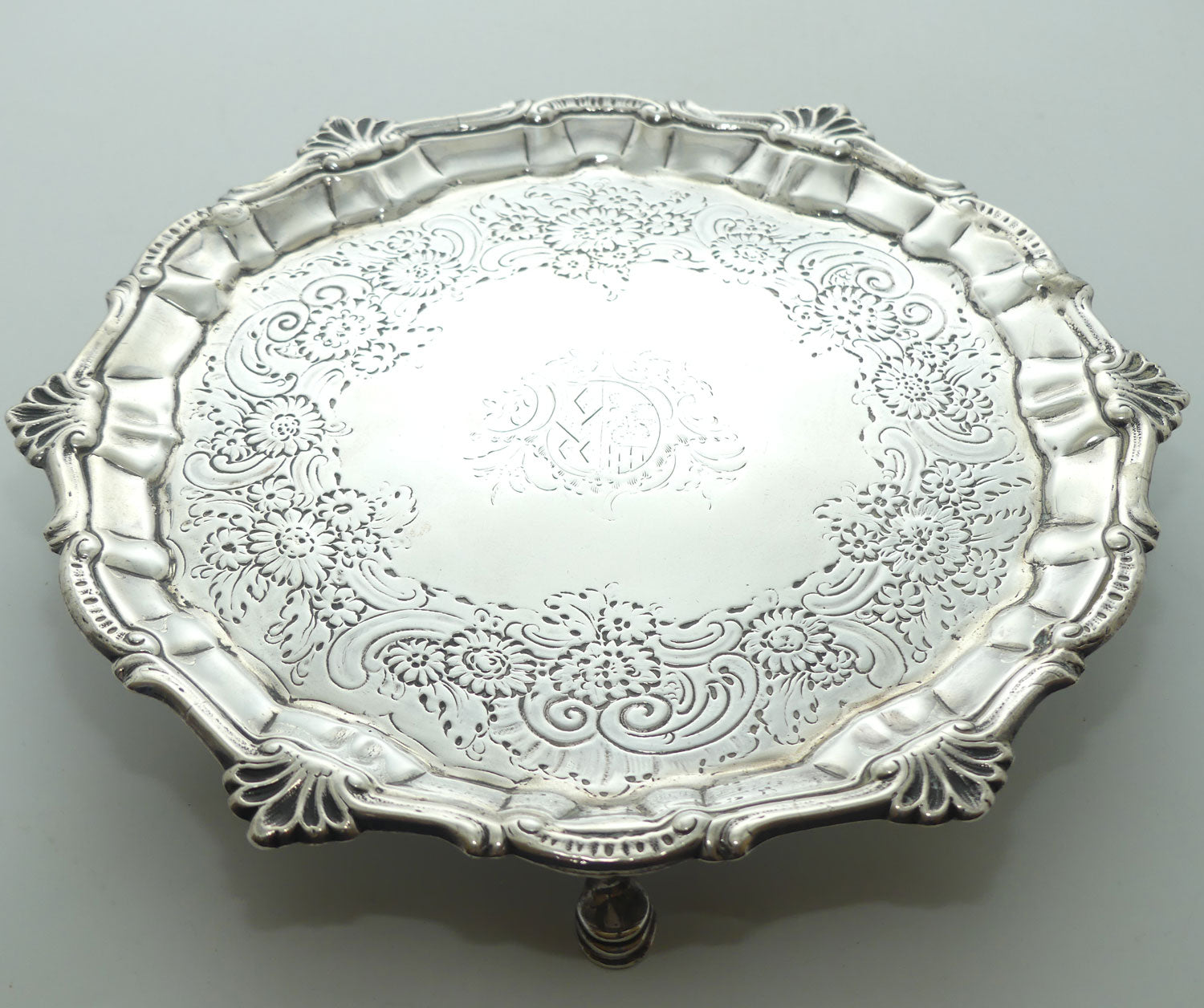 Georgian | Geo III | Sterling Silver shell and scroll waiter with original scratch weight | London 1768 | Ebenezer Coker