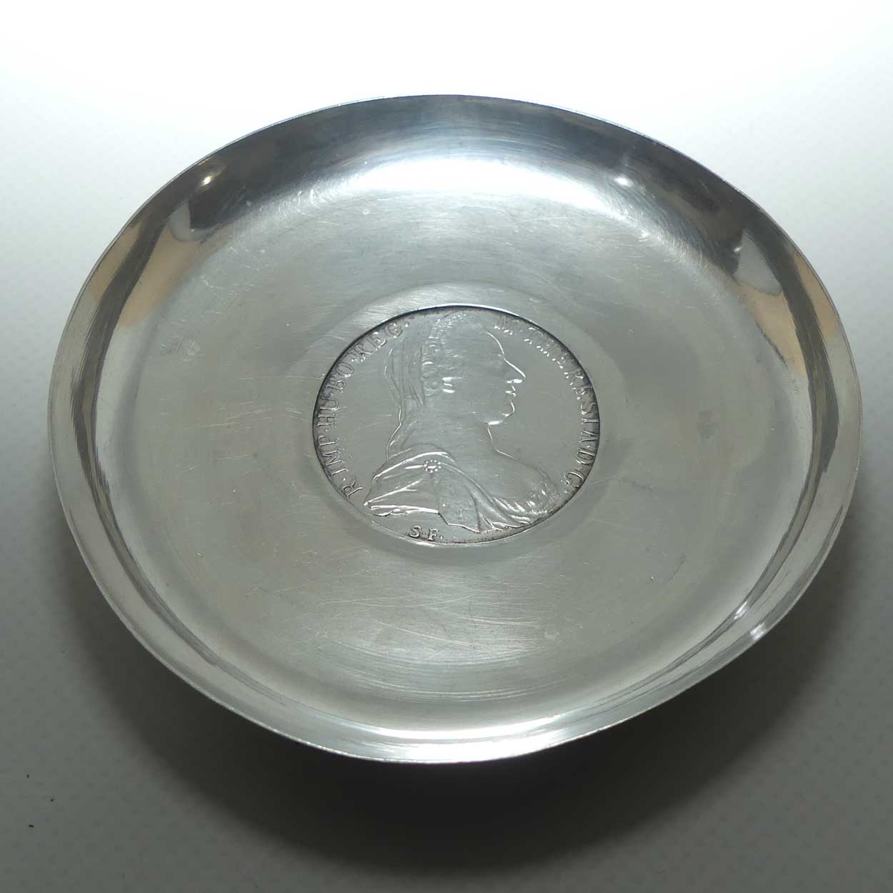 1780 Maria Theresa Thaler Silver Coin set in unmarked Silver bowl