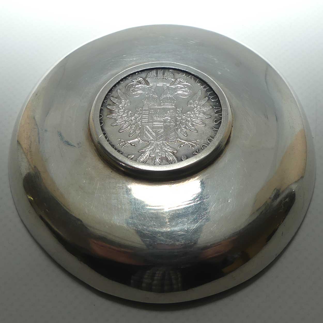 1780 Maria Theresa Thaler Silver Coin set in unmarked Silver bowl