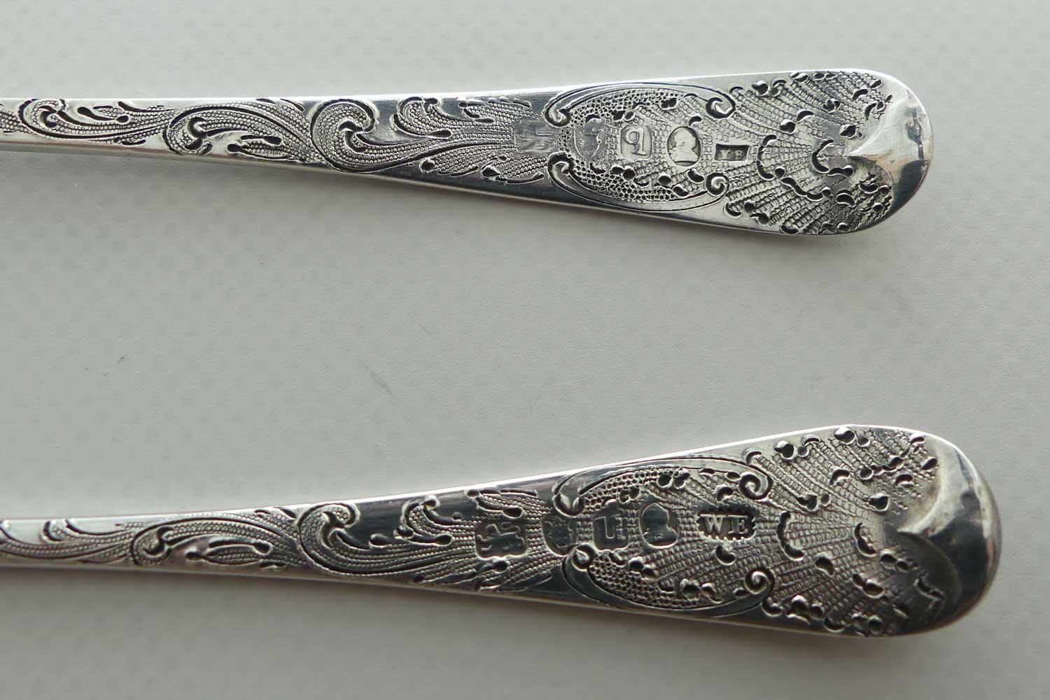 Pair Georgian era GeoIII Sterling Silver berry spoons with gilt wash bowls | London 1791 and 1795 | different makers