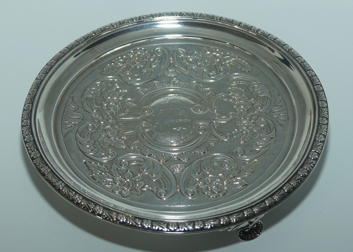 Georgian | Geo IV | Sterling Silver decorated waiter on 3 shell feet | William Bateman | London 1820