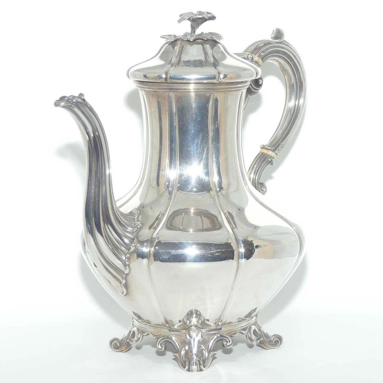early Victorian Sterling Silver pumpkin shape coffee pot with floral final | London 1842 | Barnard Family