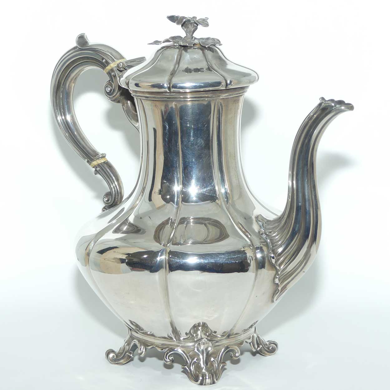 early Victorian Sterling Silver pumpkin shape coffee pot with floral final | London 1842 | Barnard Family