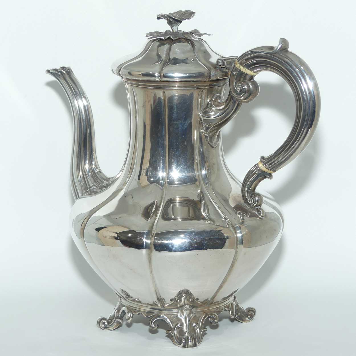 early Victorian Sterling Silver pumpkin shape coffee pot with floral final | London 1842 | Barnard Family