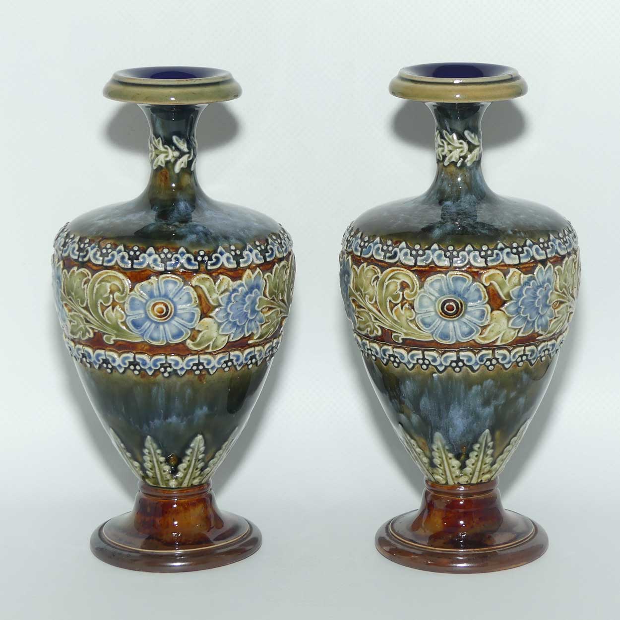 Royal Doulton pair of stoneware Floral Banded vases | Mottled Blue Green Ground | Pattern 1852 | 18cm tall