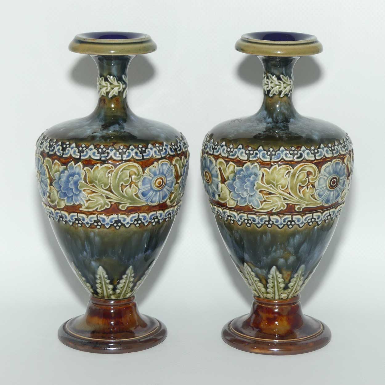 Royal Doulton pair of stoneware Floral Banded vases | Mottled Blue Green Ground | Pattern 1852 | 18cm tall