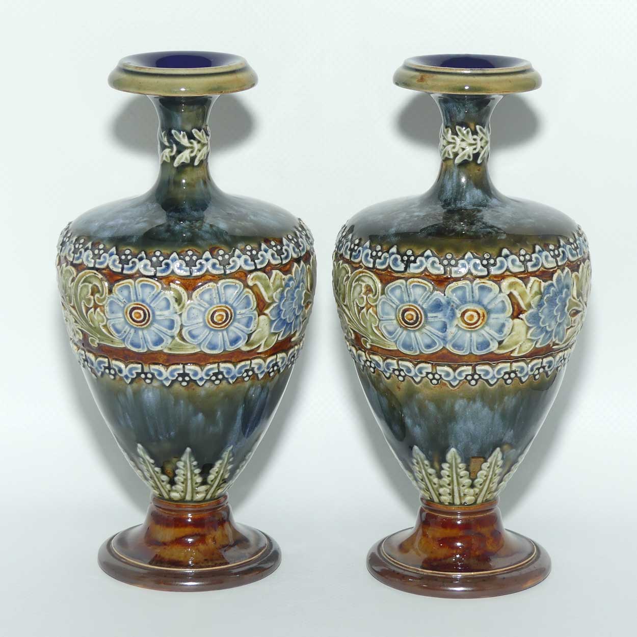Royal Doulton pair of stoneware Floral Banded vases | Mottled Blue Green Ground | Pattern 1852 | 18cm tall