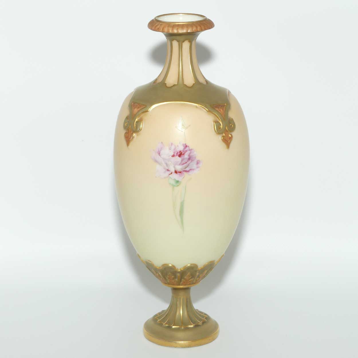 Royal Worcester Blush Ivory and Olive Green hand painted Carnations vase | Shape 1859