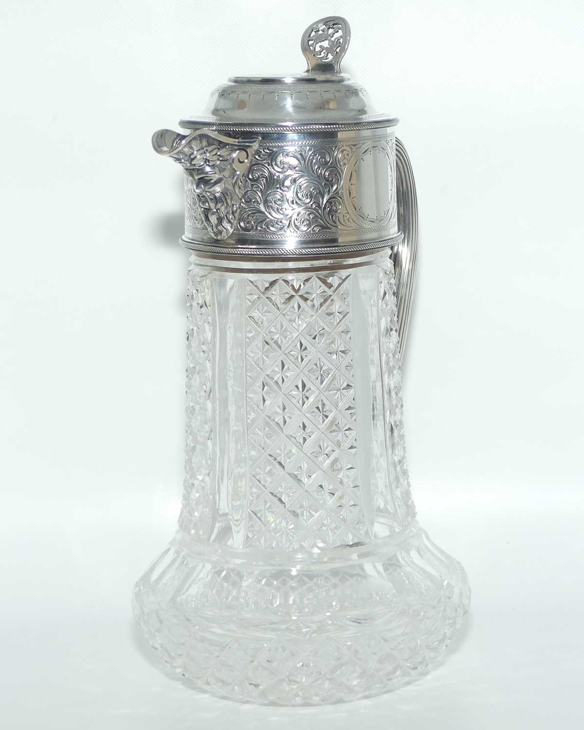 Victorian era Sterling Silver Bacchus spout and Cut Crystal claret jug | London 1882
