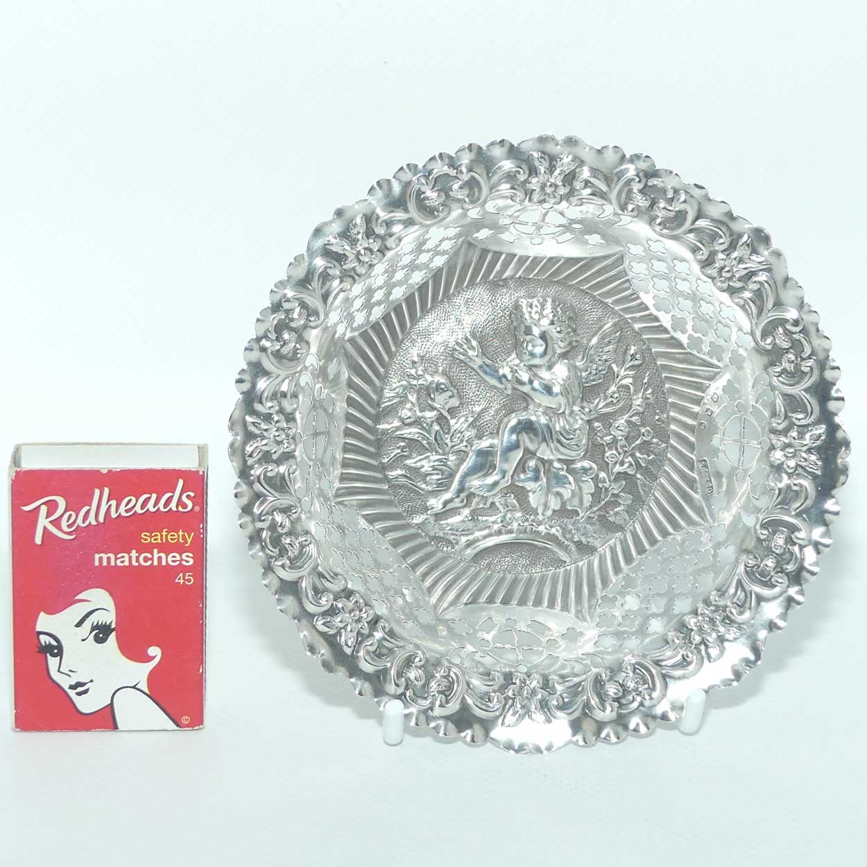 Victorian era Sterling Silver Cherub design pierced gallery bon bon dish | Birmingham 1886
