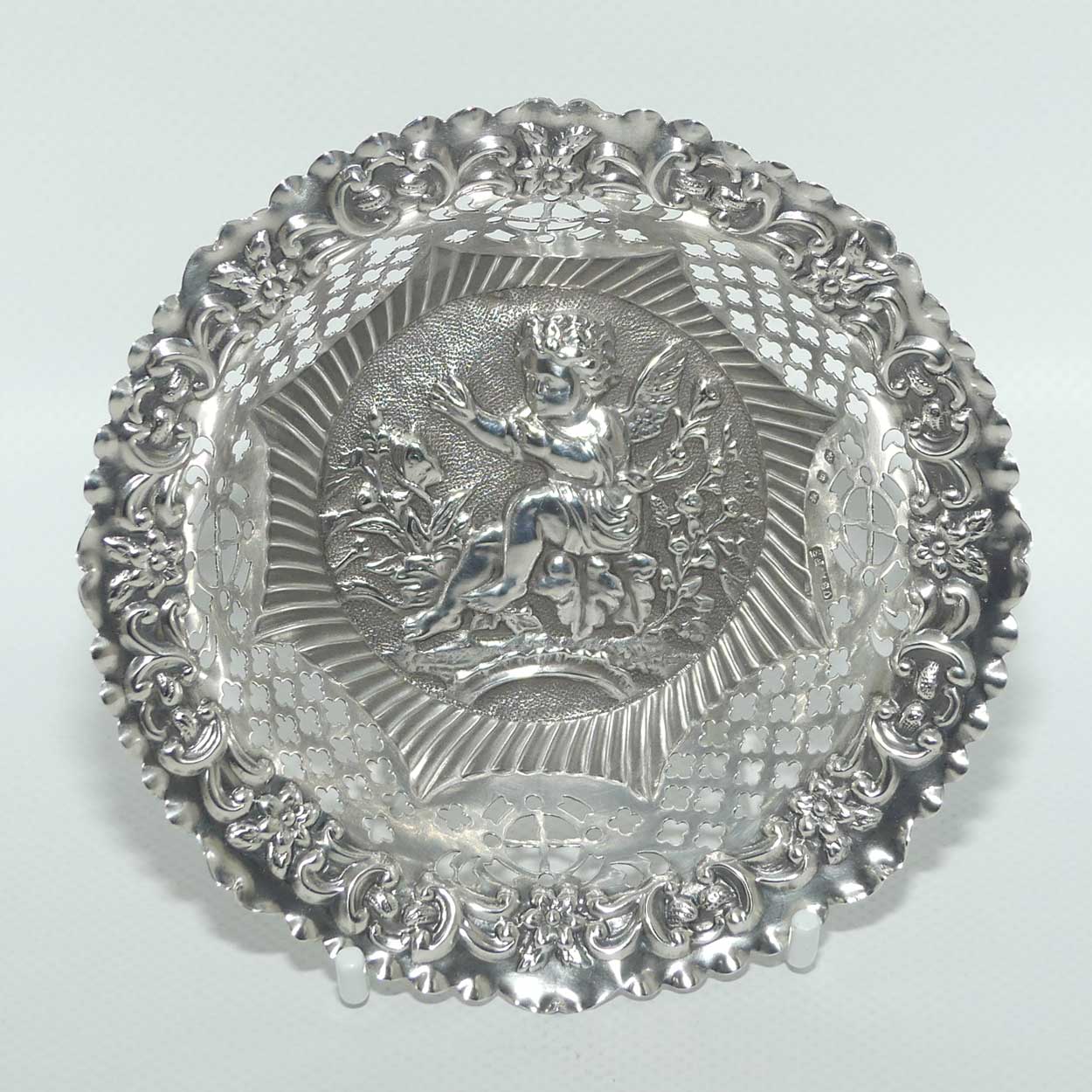 Victorian era Sterling Silver Cherub design pierced gallery bon bon dish | Birmingham 1886