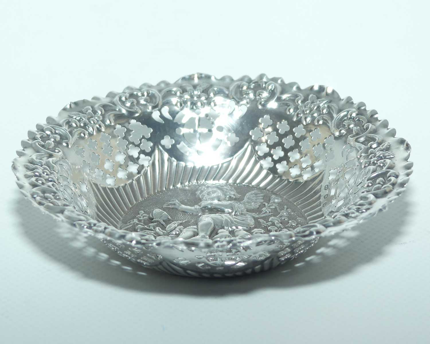 Victorian era Sterling Silver Cherub design pierced gallery bon bon dish | Birmingham 1886