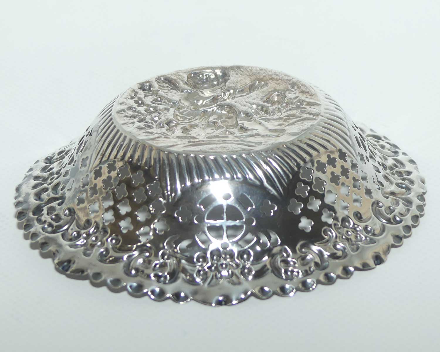 Victorian era Sterling Silver Cherub design pierced gallery bon bon dish | Birmingham 1886