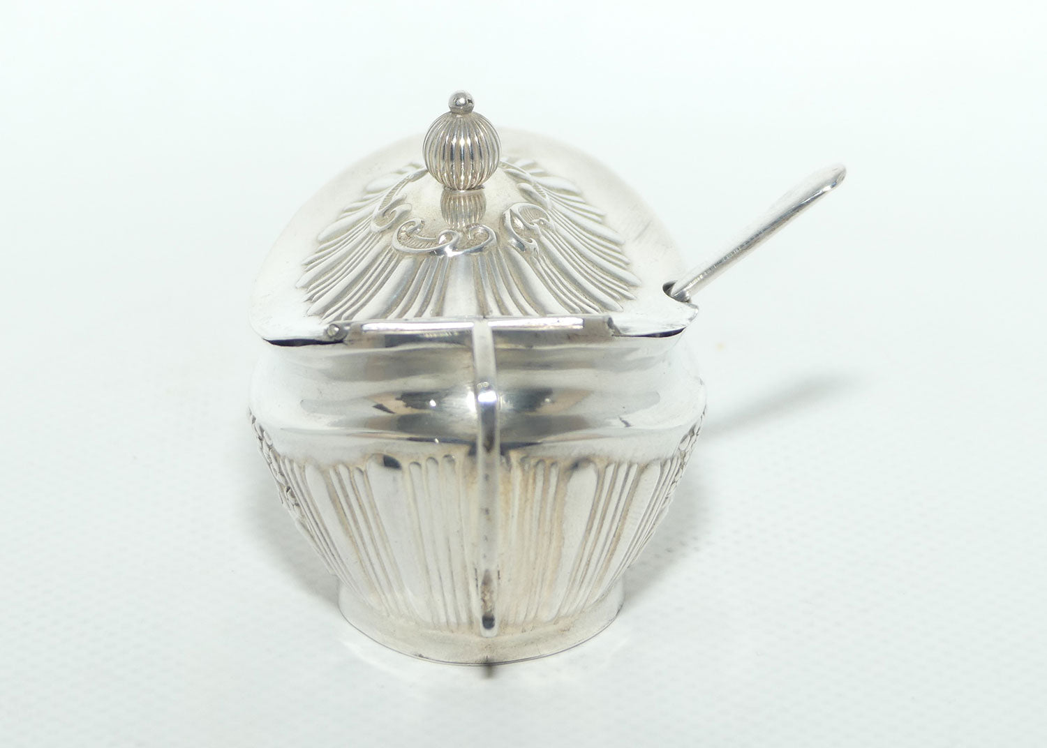 Victorian era Sterling Silver mustard pot with glass liner and spoon | Birmingham 1896