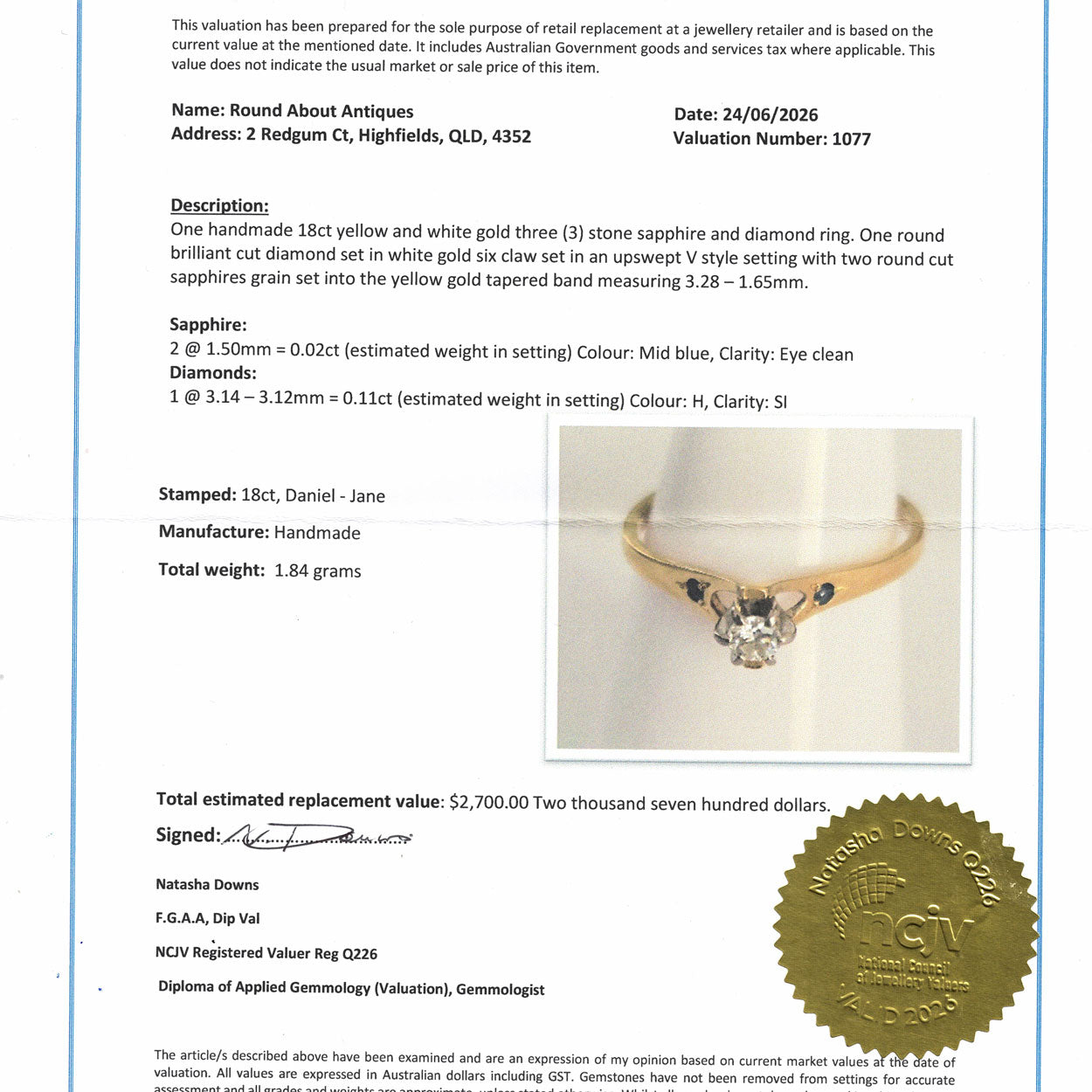 18ct Yellow and White Gold Diamond and 2 Sapphire ring | Valued $2700