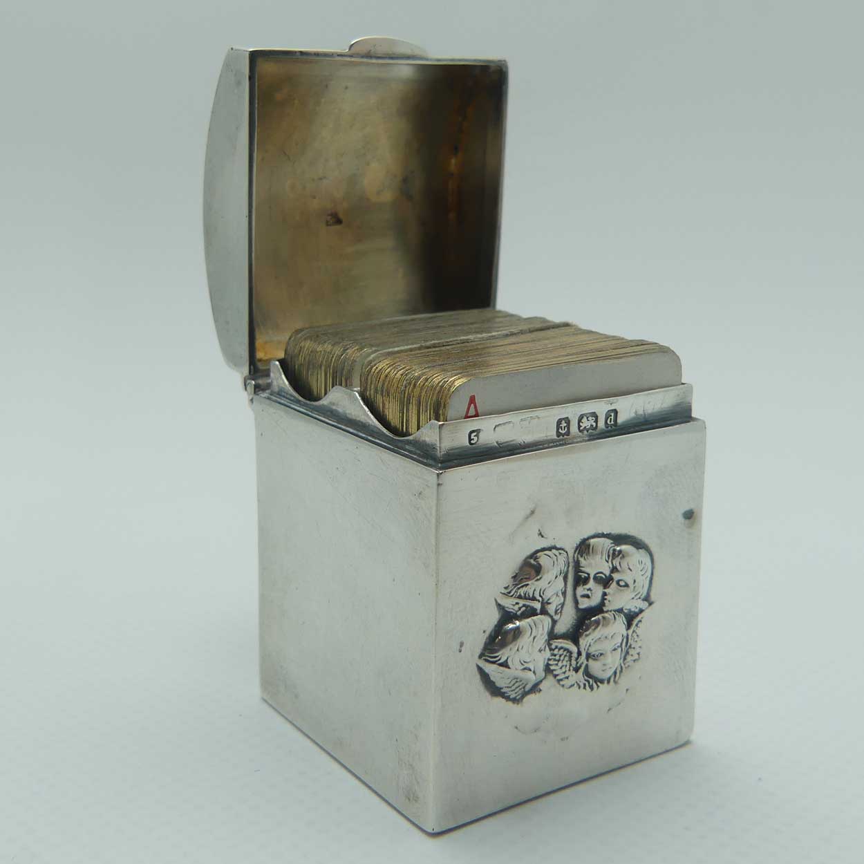 late Victorian era Sterling Silver miniature playing card box | contains 2 sets of cards | Birmingham 1900