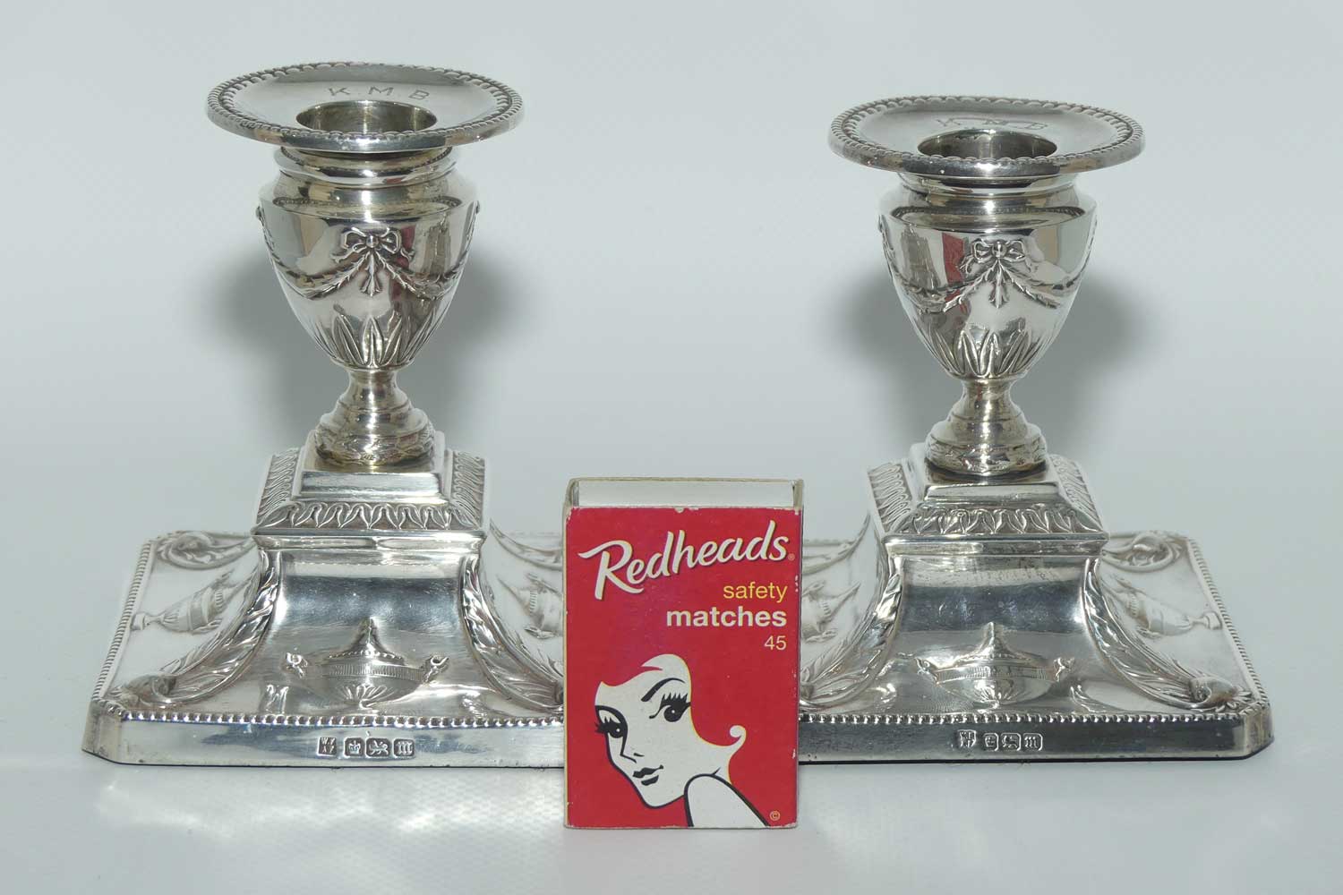 Adam style Neoclassical Sterling Silver pair of candle holders with removeable cups | Sheffield 1904 |