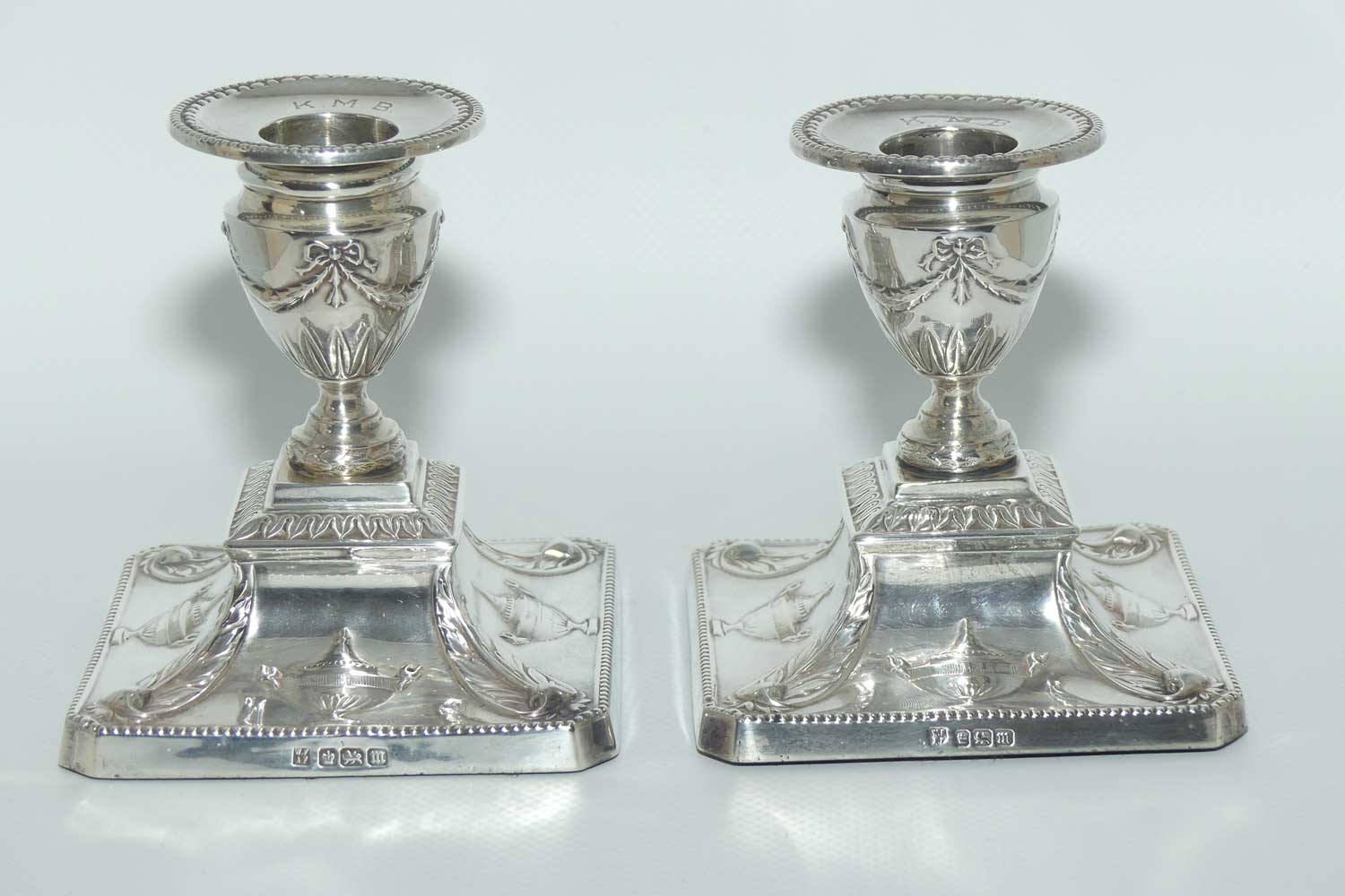 Adam style Neoclassical Sterling Silver pair of candle holders with removeable cups | Sheffield 1904 |