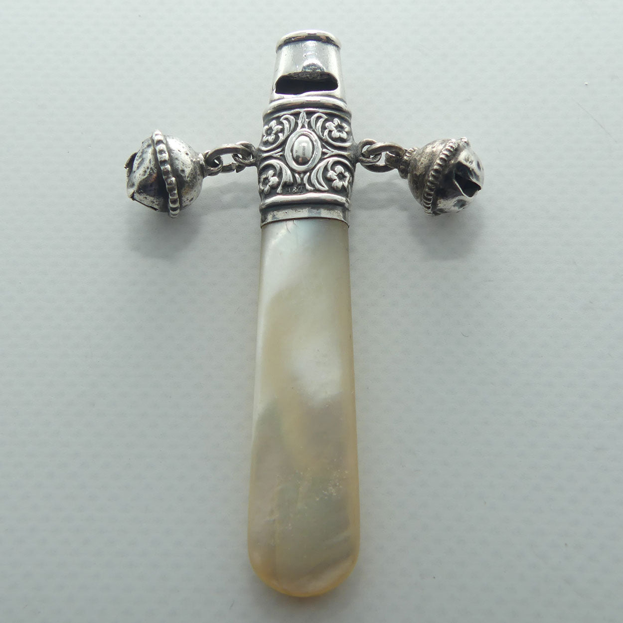 Edwardian era Sterling Silver and Mother of Pearl Baby Rattle | Whistle | Birmingham 1905