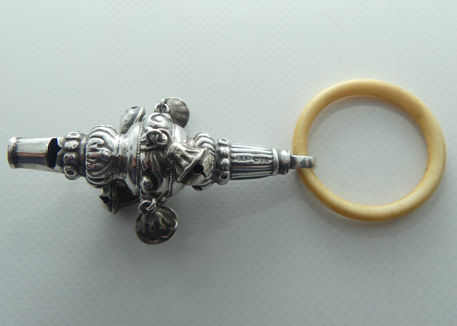 Edwardian era Sterling Silver and Ivory Teething Ring Baby Rattle Wh