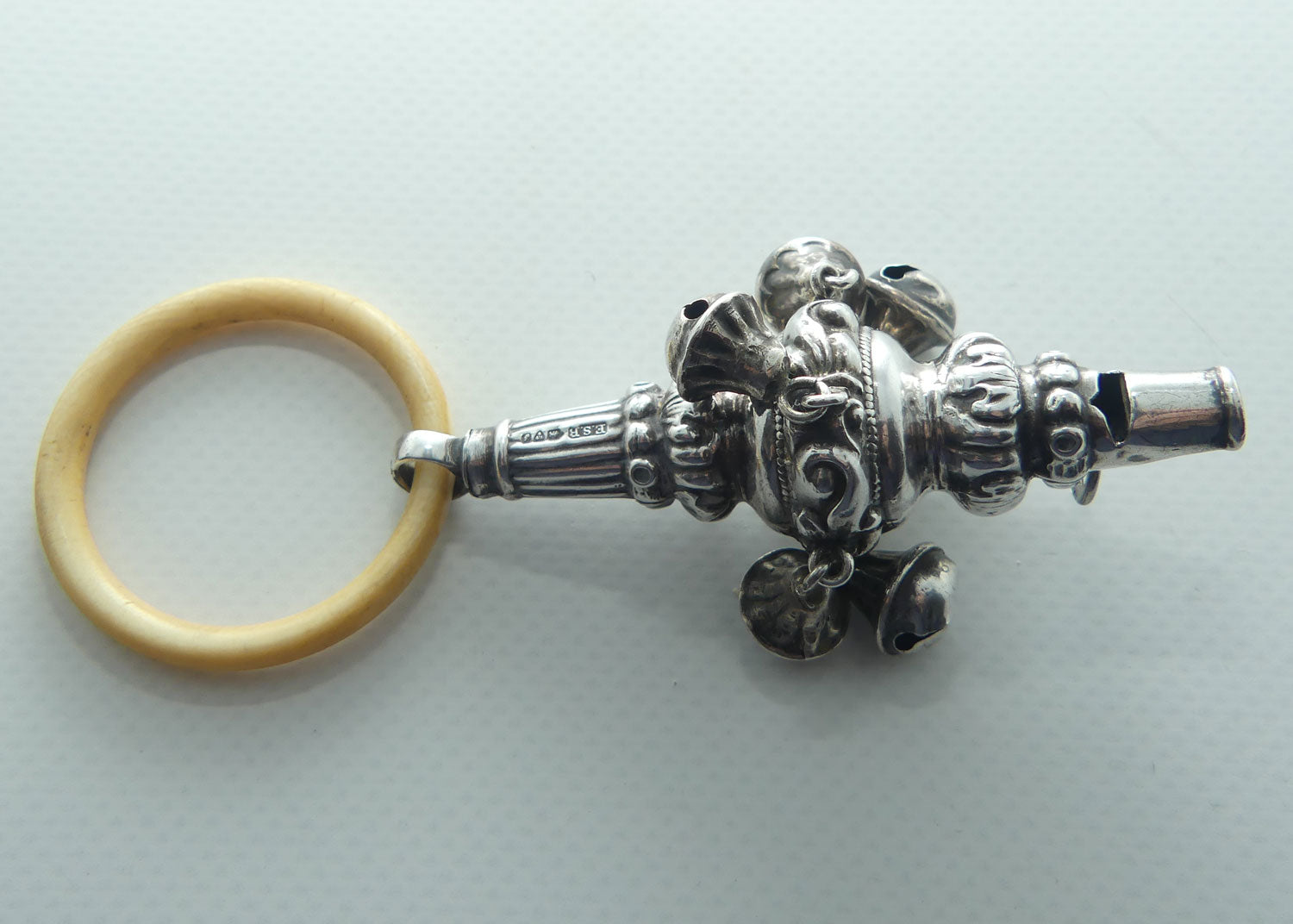 Edwardian era Sterling Silver and Ivory Teething Ring Baby Rattle | Whistle | Chester 1909