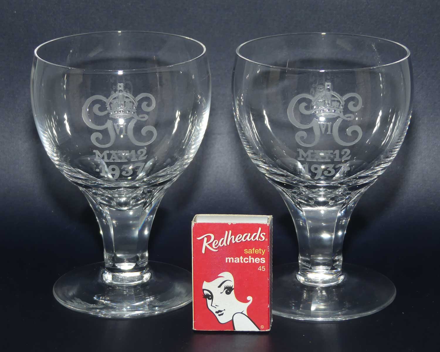 Stuart Crystal Coronation of George VI and Elizabeth May 12 1937 pair of goblets