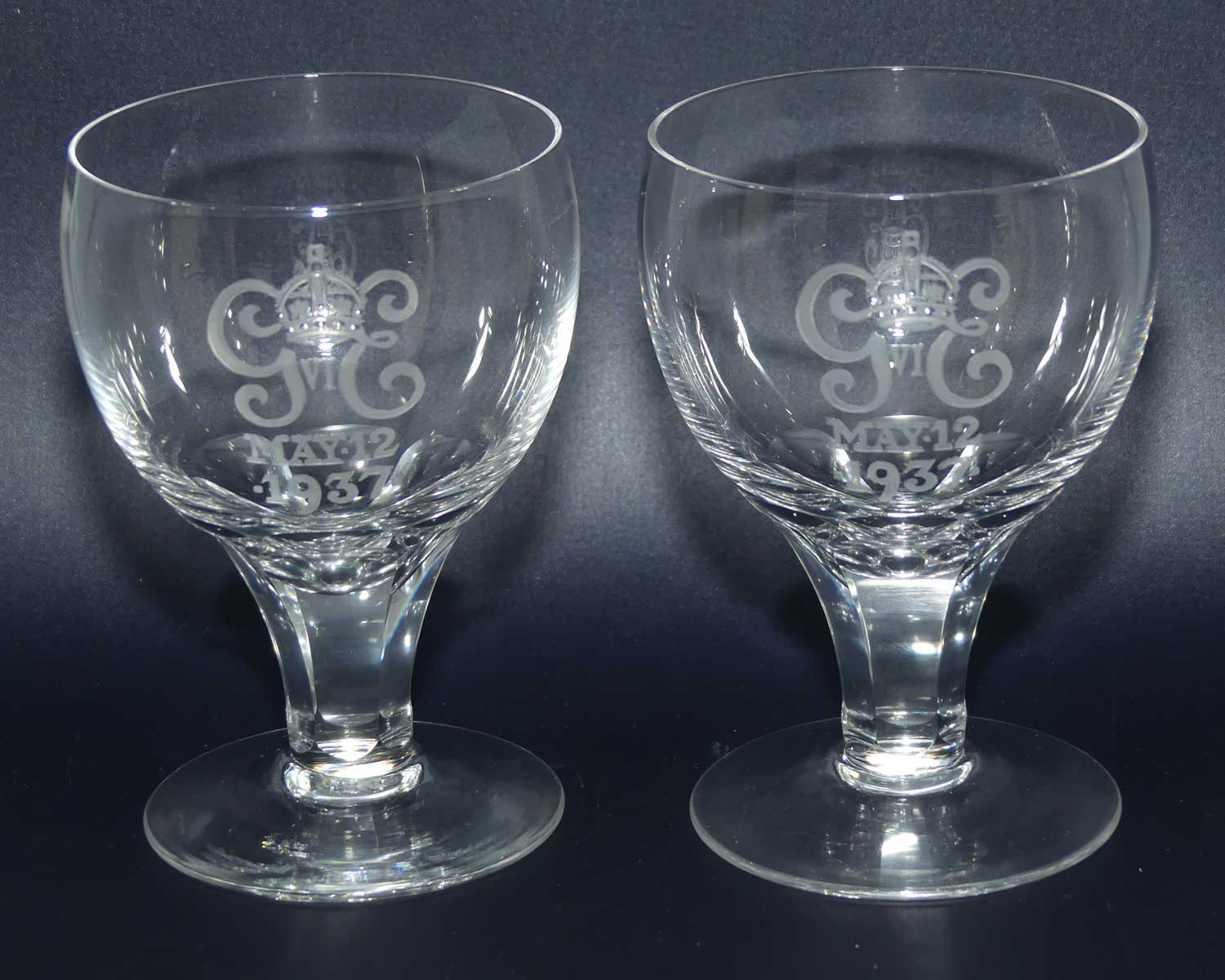 Stuart Crystal Coronation of George VI and Elizabeth May 12 1937 pair of goblets