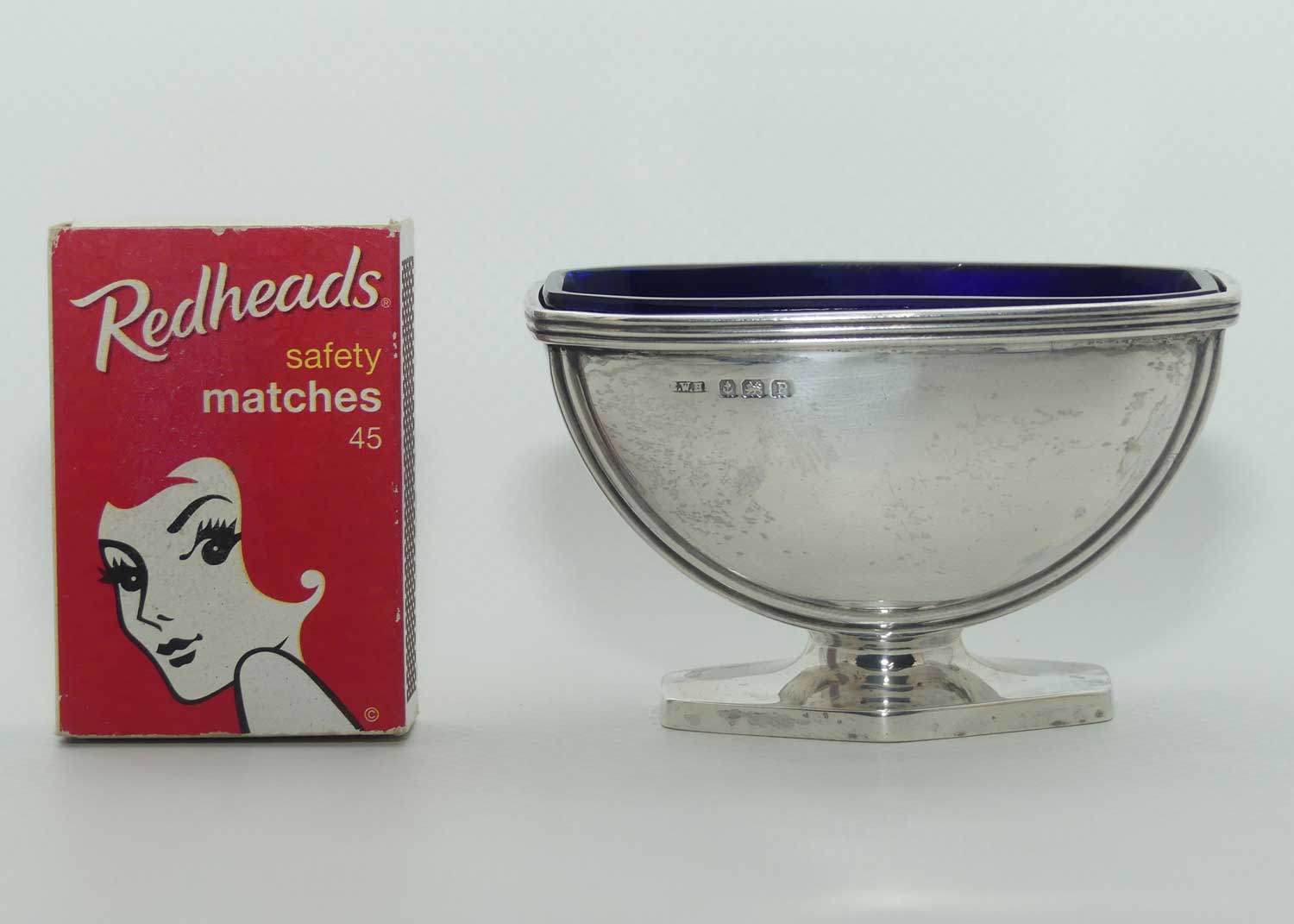 Sterling Silver open salt with Blue Glass liner | Birmingham 1939 | Ernest W Haywood
