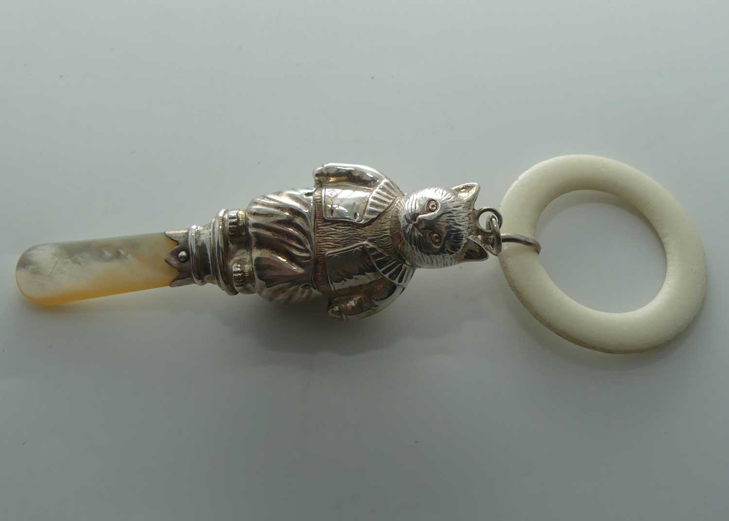 Sterling Silver Ivory and Mother of Pearl Teething Ring Baby Rattle | Beatrix Potter Tom Kitten | Chester 1947
